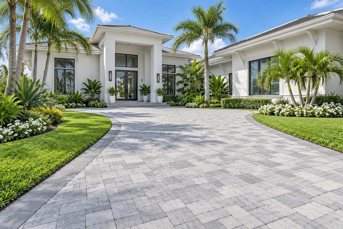 A pristine stone driveway and welcoming entrance
