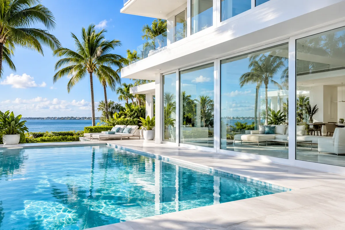 Bright exterior windows reflecting the coastal sky
